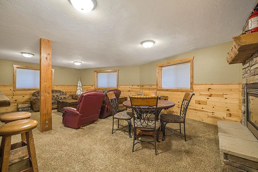 Basement living room with fireplace